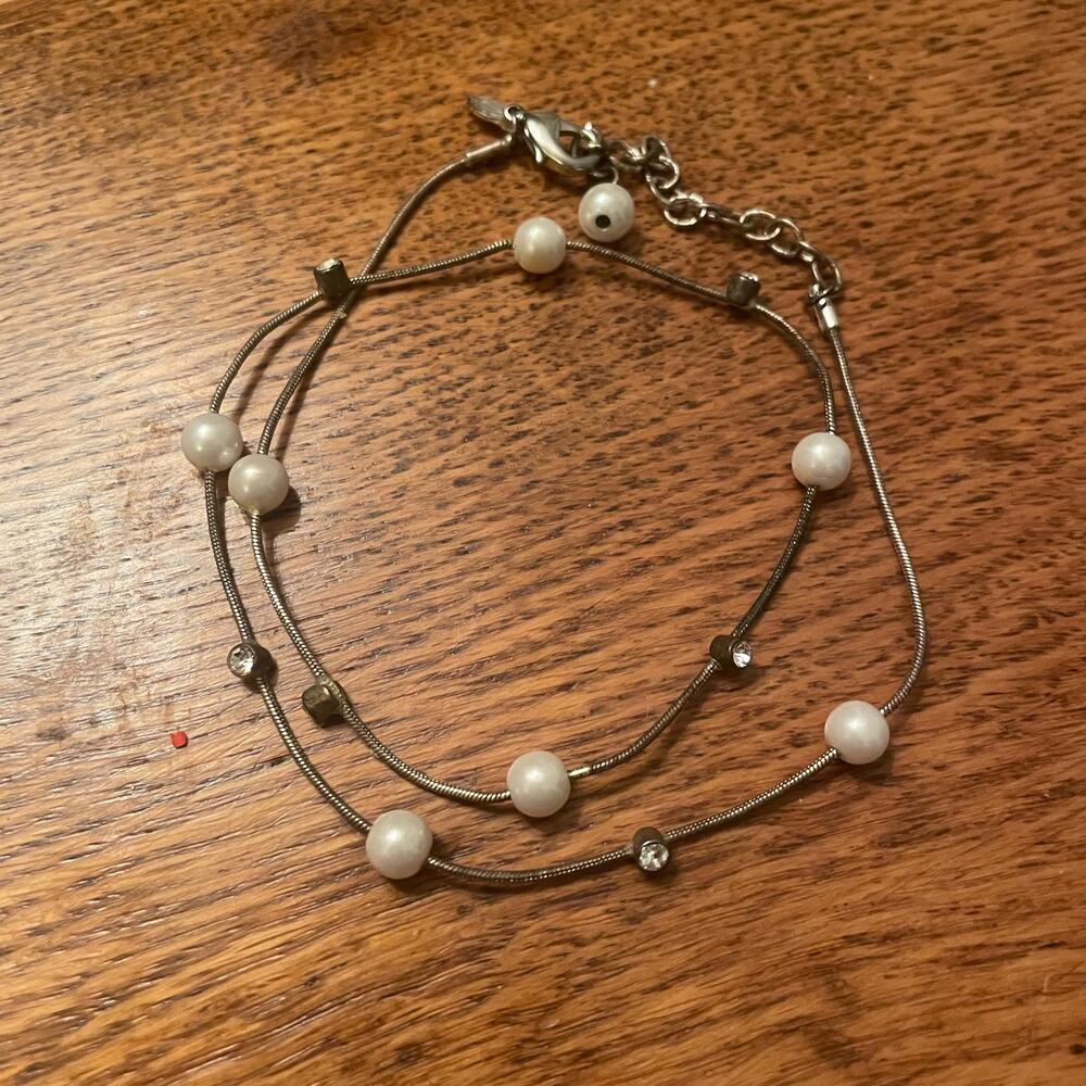 Faux Monet Mother Pearl and Rhinestone Station Gold Tone Snake Chain Necklace - Picture 2 of 2
